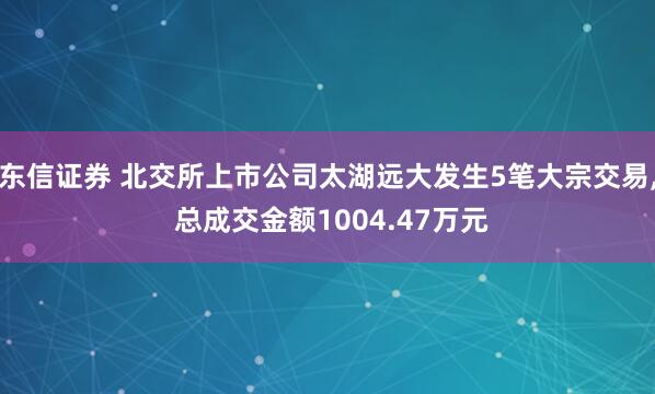 东信证券 北交所上市公司太湖远大发生5笔大宗交易, 总成交金额1004.47万元